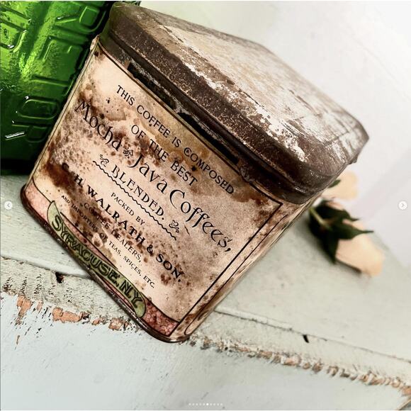 Antique Rare Shabby Rose Bud Coffee Tin Can Canister Box Hinged Lid Paper Label - Picture 6 of 10